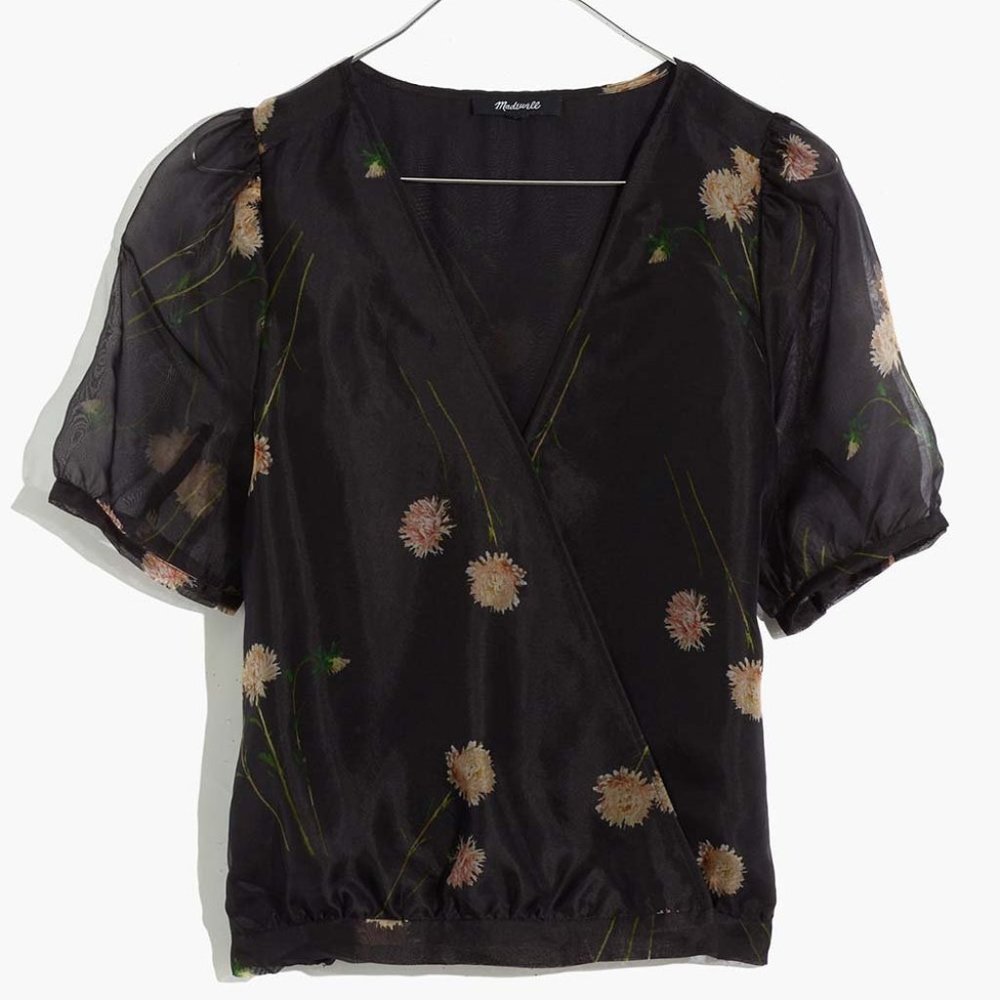 Madewell Black Photo Floral Sanna Wrap Silk Top